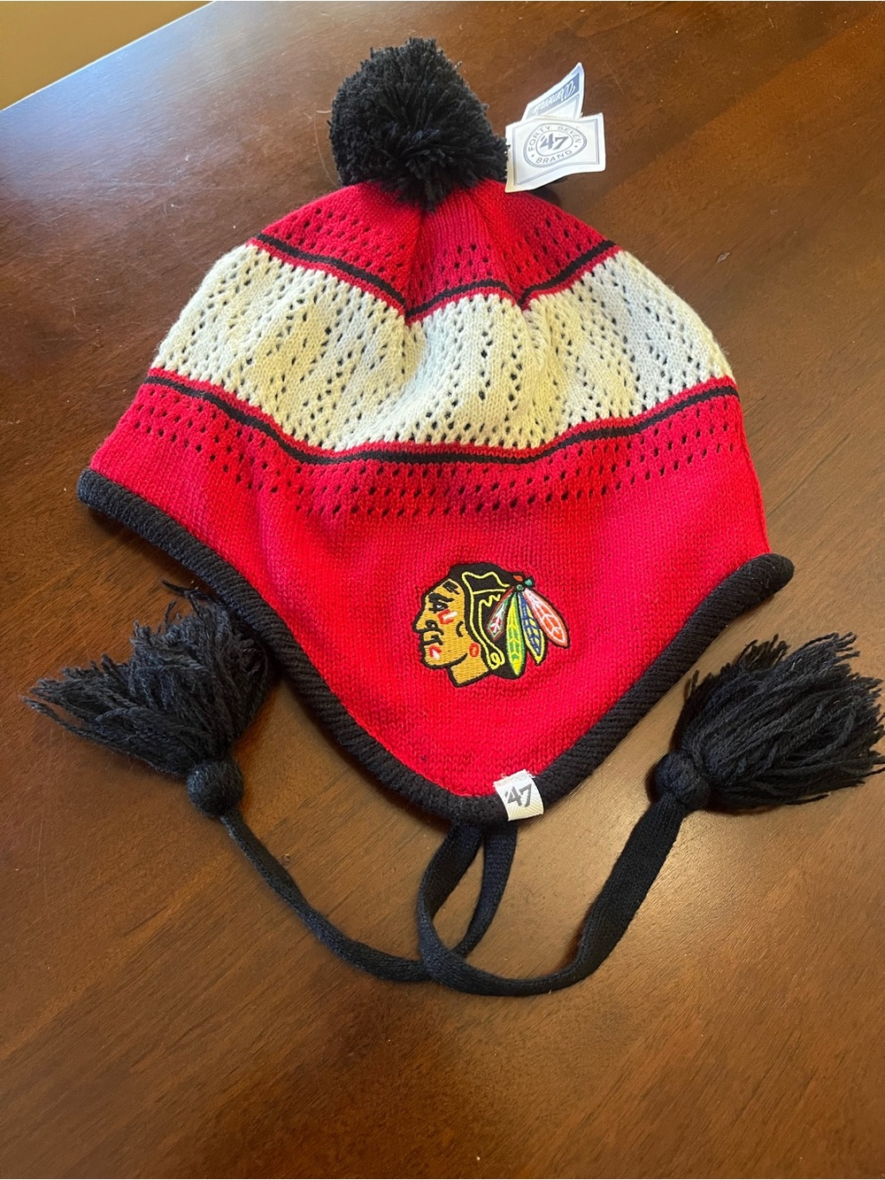 Chicago Blackhawks 47 Brand Knit Pom Beanie NWT - Red White Black Tassel Earflap